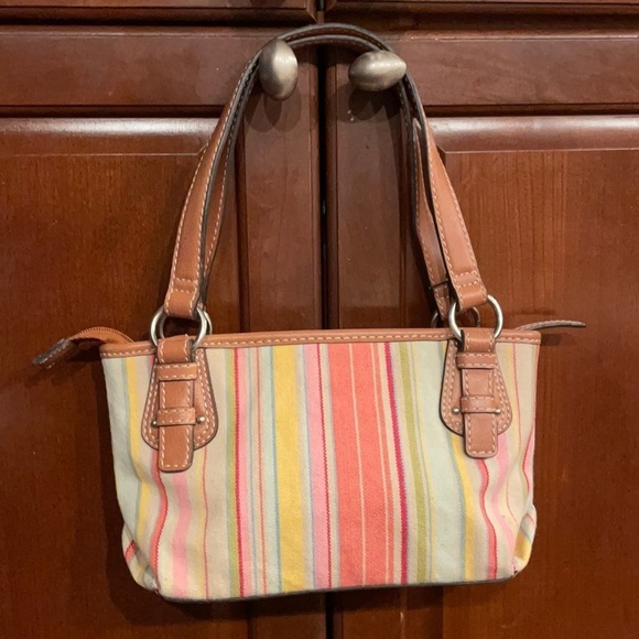 Fossil Striped Multi Colored Leather And Canvas Short Shoulder Bag - Picture 1 of 11
